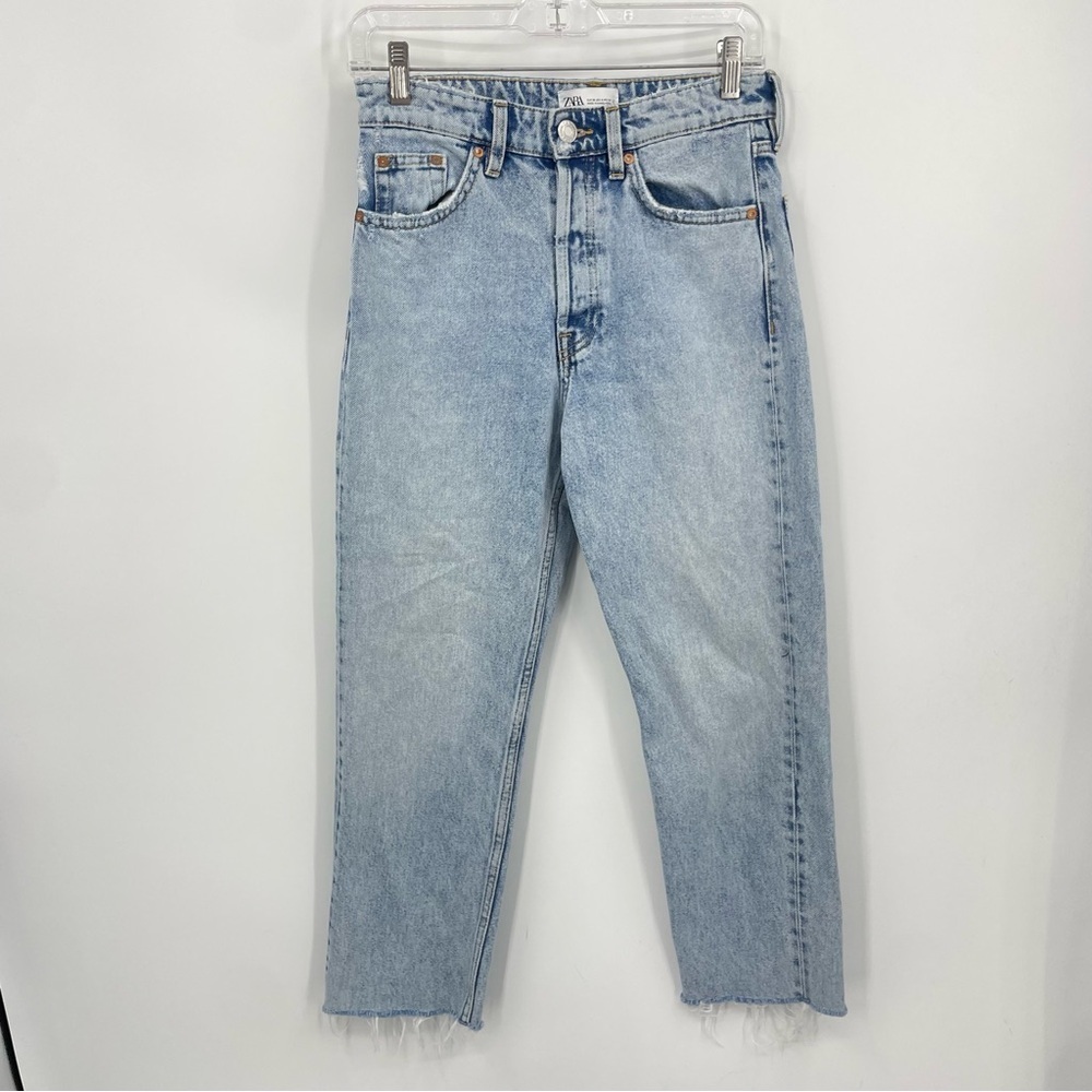 Zara Join Life light wash straight leg high rise button fly frayed hem jeans 4